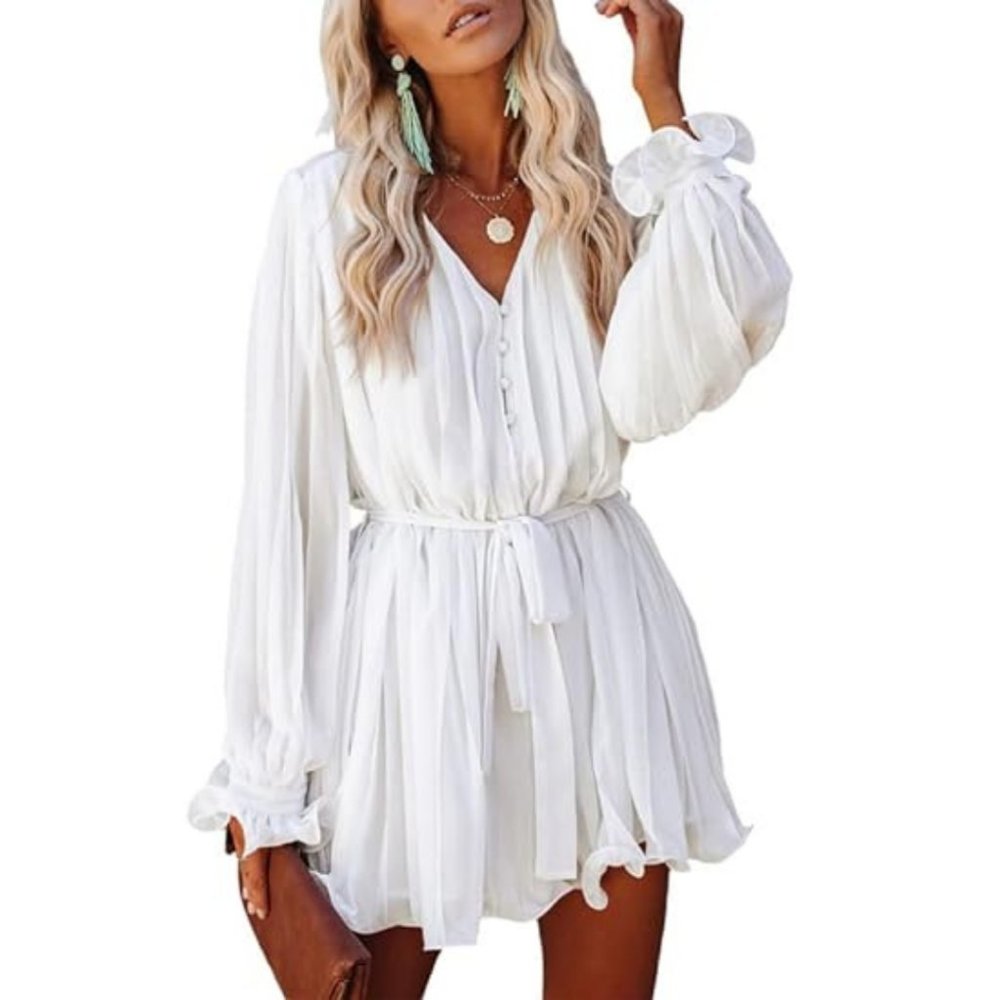 Flared Pleated Drape Long Sleeve Rompers